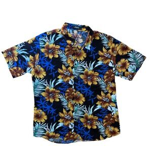 JOGAL Tropical Floral Streetwear Mens Button Down Shirt Black Cotton Viscose L